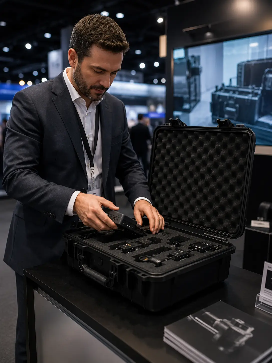 Professional setting up product demo from protective case at trade show booth
