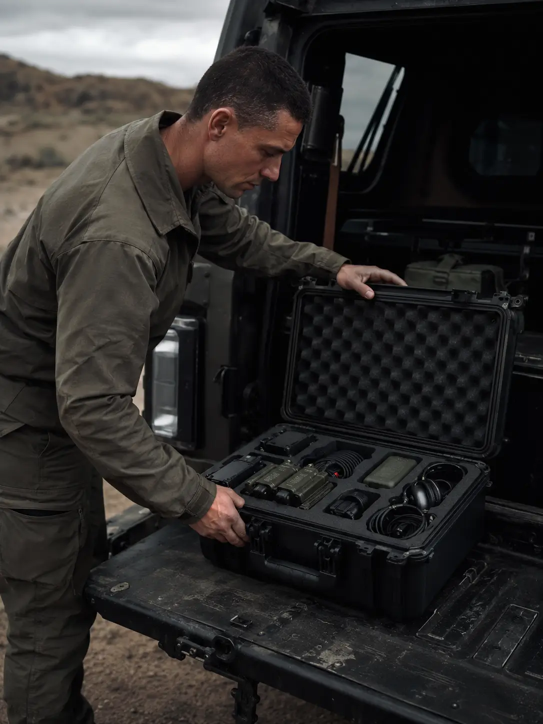 Military professional opening tactical hard case in field staging area