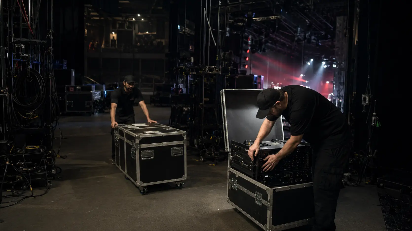 Stage crew with road cases and rack cases backstage at concert venue