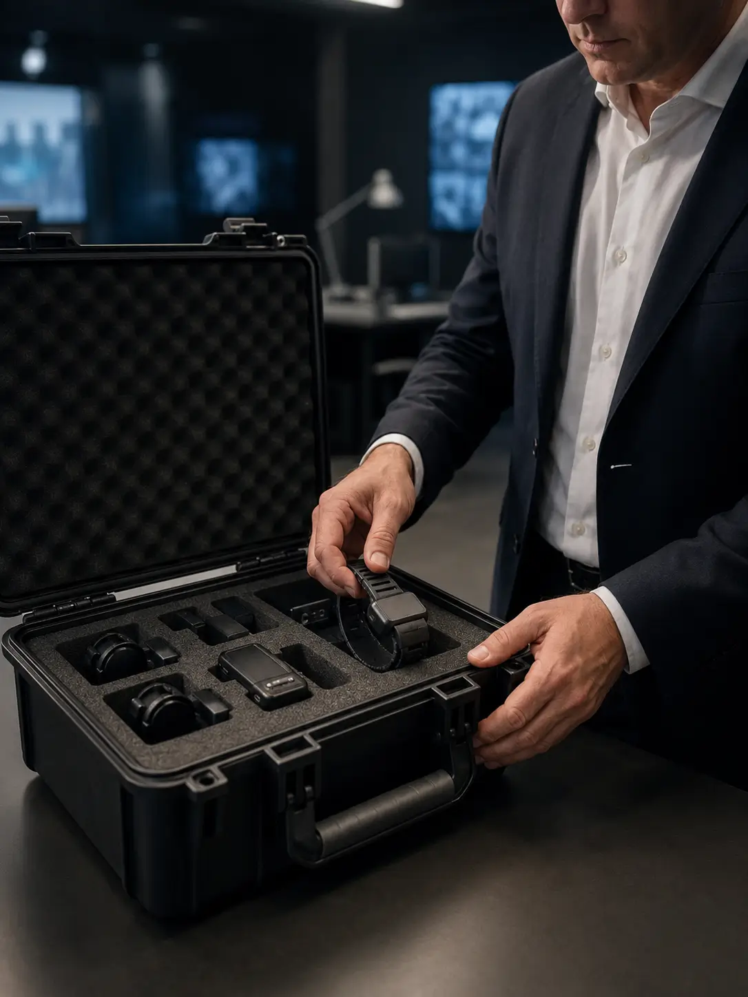 Government professional placing monitoring equipment into protective case in secure office