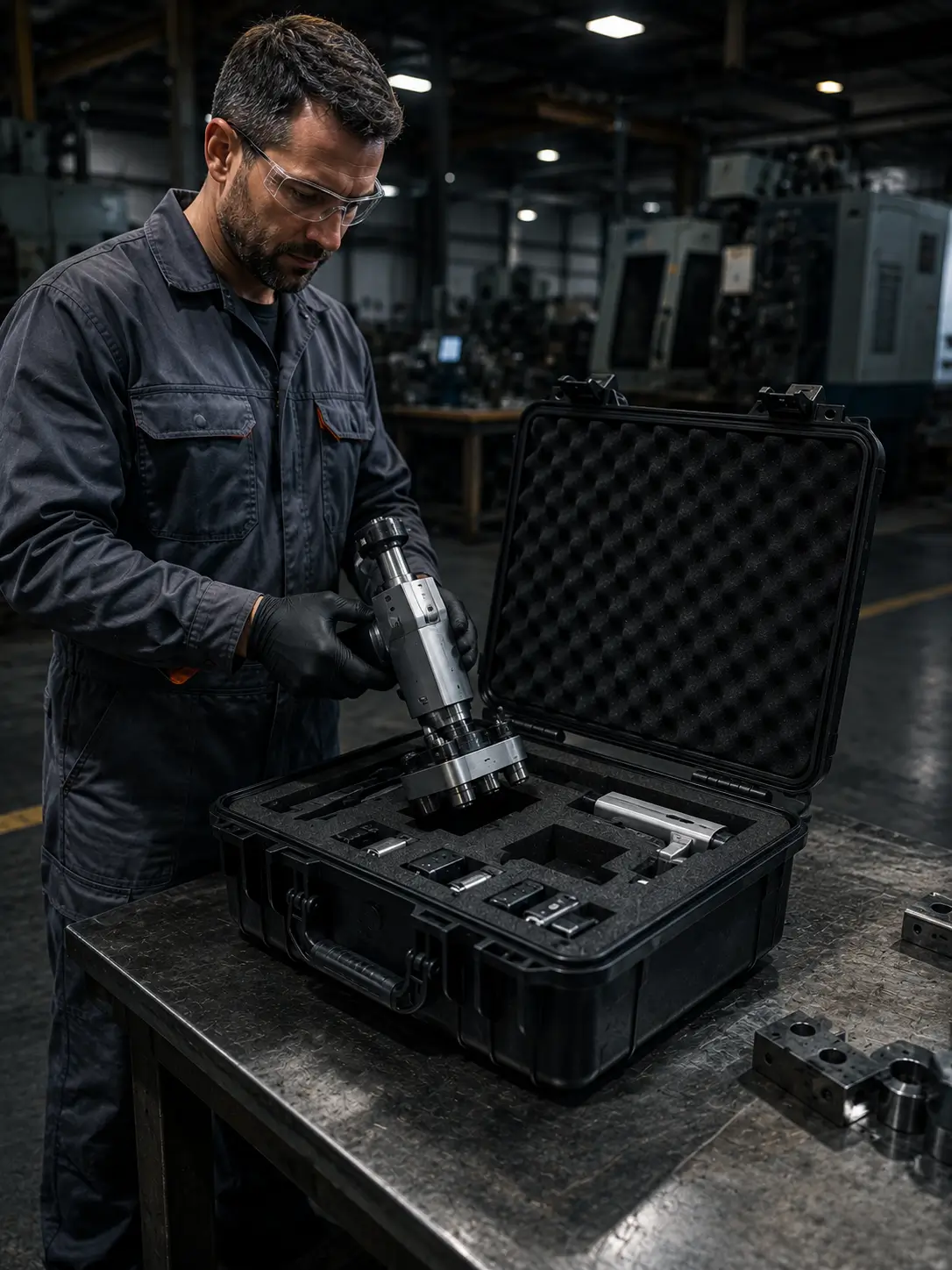 Field technician lifting calibration instrument from protective case on factory floor