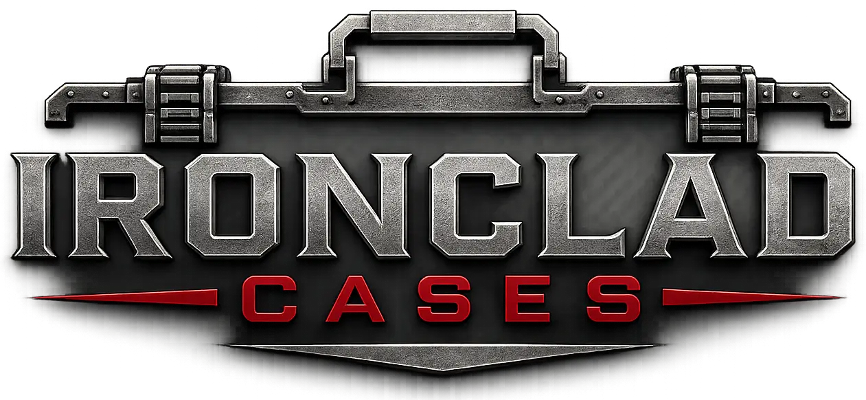 Ironclad Cases logo with brushed steel lettering on transparent background
