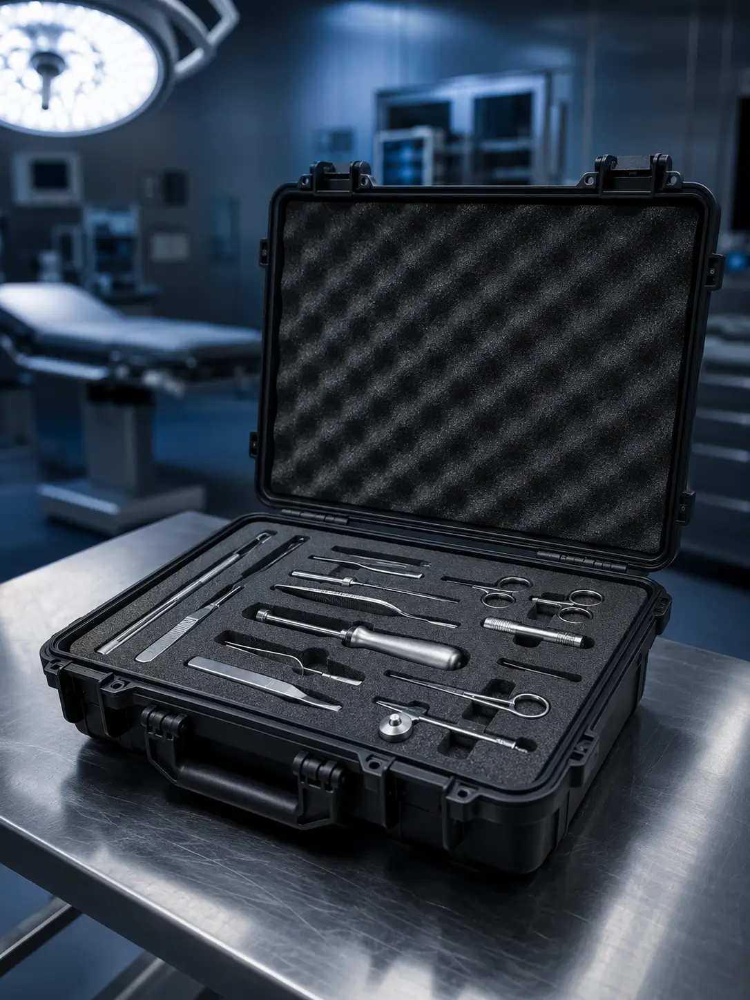 Black protective case with medical instruments in precision-cut foam insert