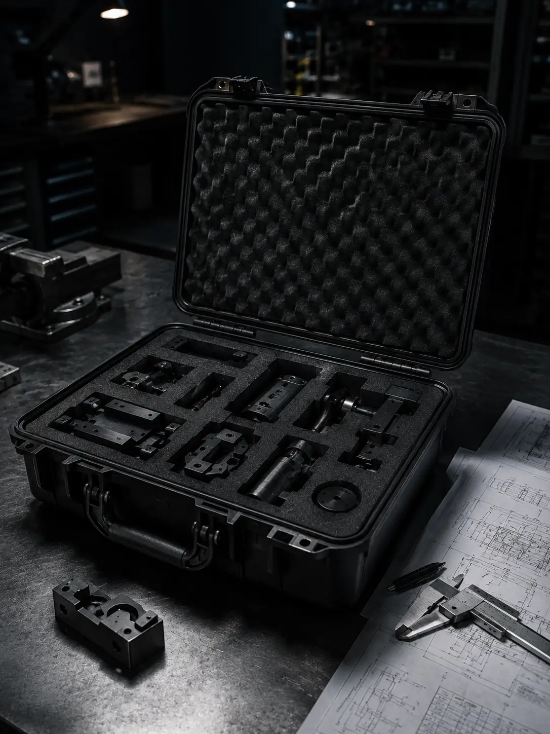 Custom protective case with multi-component precision foam insert on dark workbench